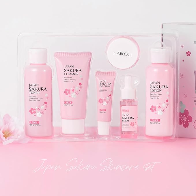 LAIKOU Skin Care Set JAPAN SAKURA Women Beauty Gift Sets Skin Care Kit with Cleanser, Toner, Lotion, Serum, Eye Cream, Face Cream Travel Kit for Women Teen Girls Mom Daughter TSA-friendly Sizes 6pcs