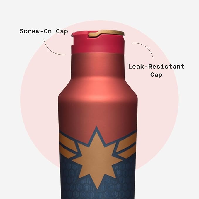 Corkcicle Marvel Sport Canteen - Triple-Insulated Stainless Steel Water Bottle - Straw Cap & Folding Metal Handle - Summer Drinkware Gift - Keeps Drinks Ice Cold - Captain Marvel - 20 oz