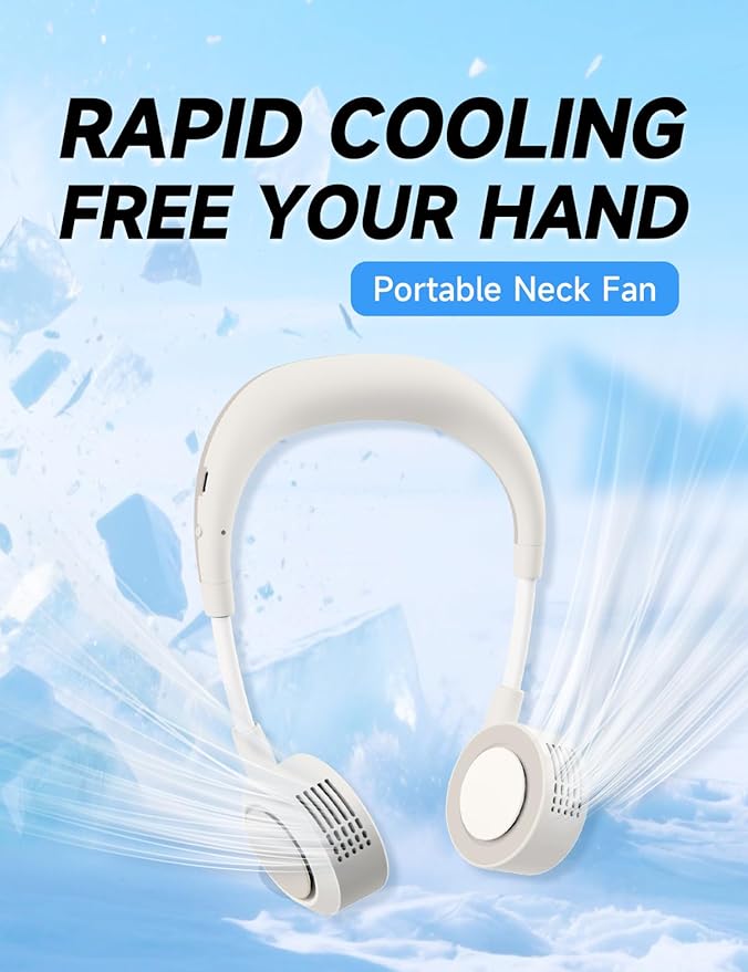 Portable Neck Fan, Hand-Free Fan, 5 Speeds, Foldable, Twistable, Lightweight, Rapid Cooling, Fashion, Quiet, Rechargeable, Summer Gift (White)