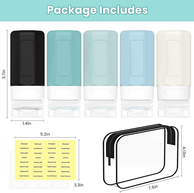 2 oz Travel Bottles, Small Size Containers, TSA Approved Silicone Toiletries Bottles, Shampoo and Conditioner Travel Kit for Women (Blue)