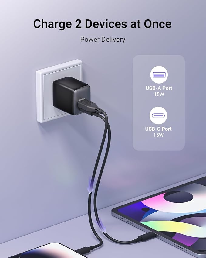 wegear USB C Fast Charging Charger, 30W Dual-Port GaN Nano Charger with Foldable Plug for iPhone 16/15 Series, iPad, Galaxy S24 Ultra and More Series, (Black, 2 Pack)