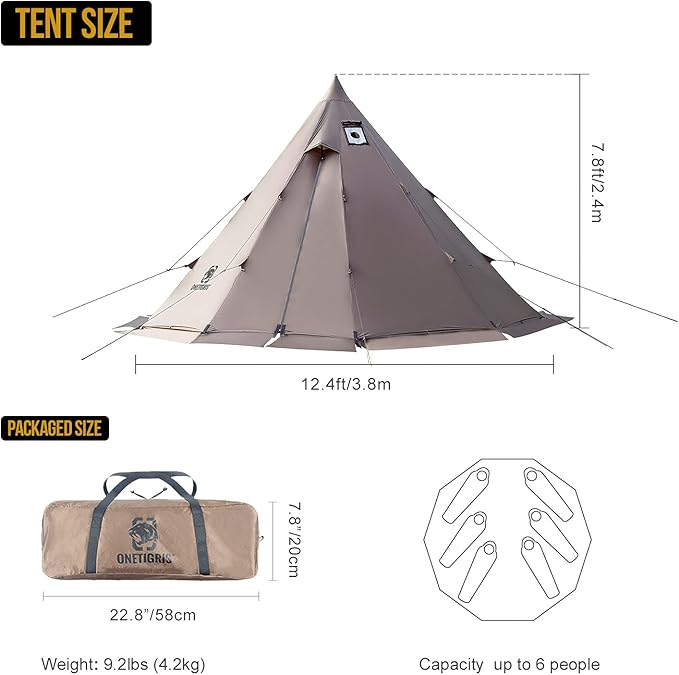 OneTigris Rock Fortress Hot Tent with Stove Jack, 4 Season, 4-6 Person Tipi for Camping, Backpacking, Hunting, Fishing - Waterproof, Wind-Proof