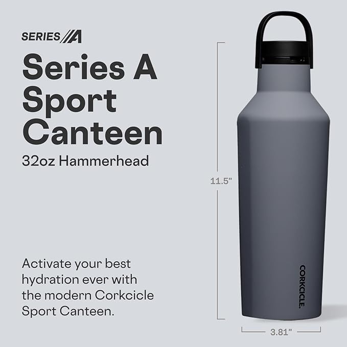 Corkcicle Sport Canteen - Keeps Drinks Cold 25 Hours - Stainless Steel Water Bottle - Triple-Insulated - Spill-Proof - Summer Drinkware Gift - Keeps Drinks Ice Cold - 32 oz - Hammerhead