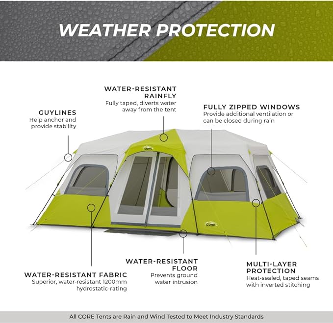 CORE Instant Cabin Tents | 6 Person / 9 Person / 10 Person / 12 Person Family Cabin Multi Room Pop Up Tents Car Camping | Included Storage Pockets for Camping Accessories