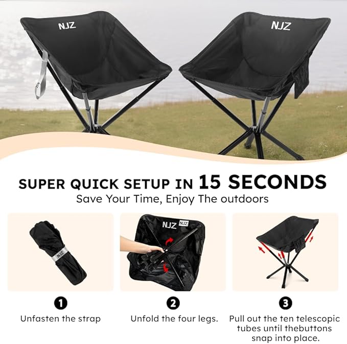 Small Camping Chair, Compact Folding Camping Chair for Adults-200 LBS Supported Lightweight Backpacking Chair for Outdoors Fishing, Hiking, Travel, Picnic, Beach Aluminum Chair(Black)