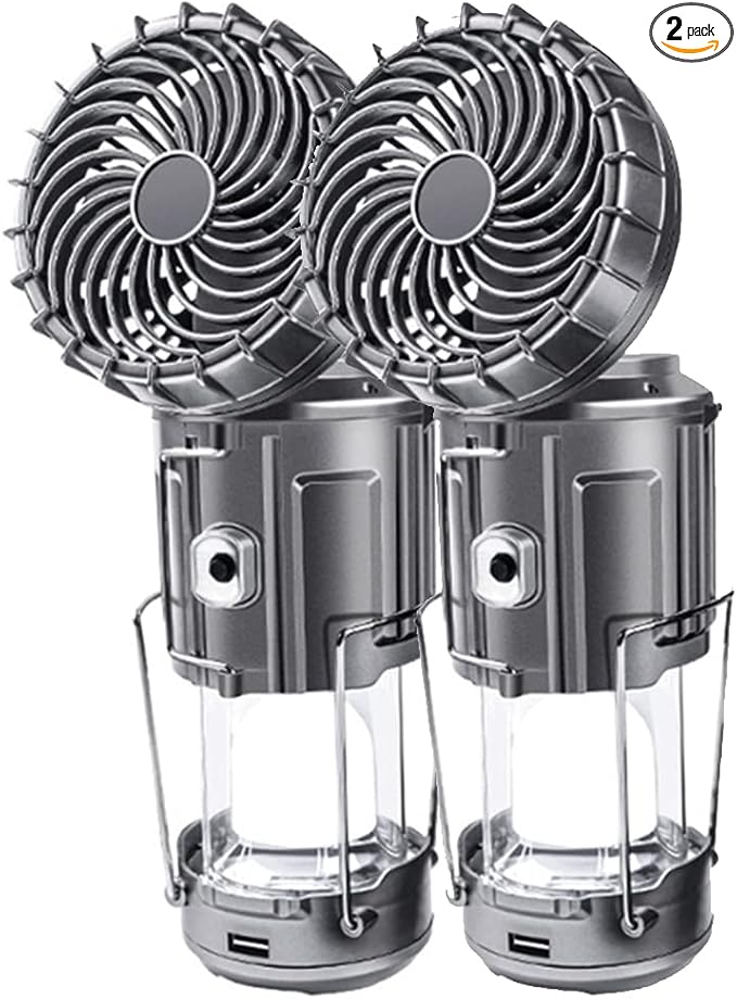2Pack Solar Camping Lantern with Fan, 3-Way Power Source,Rechargeable Lanterns for Power Outages, Camping Lights for Tent Hurricane Emergency Camping Gear Must Haves