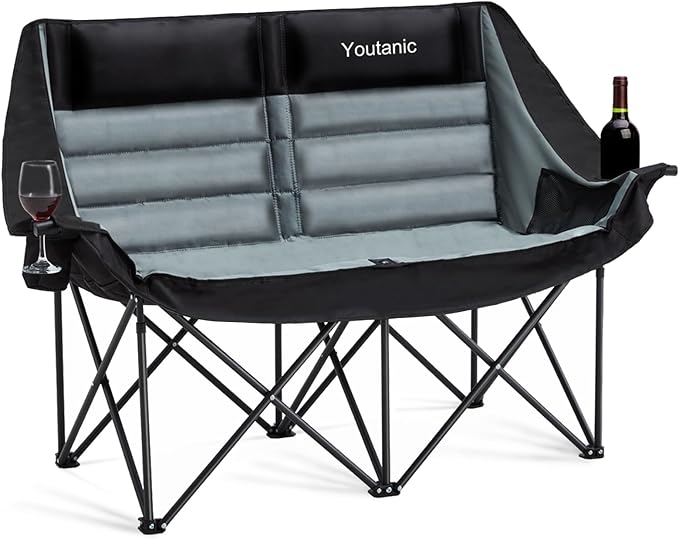 Oversized Camping Chair, Double Folding Loveseat Camping Couch with Pocket, Cup Holder and Carry Bag, Heavy Duty Portable Camping Chairs for Adults, Fishing, Sports, Trip, up to 660lbs, Black