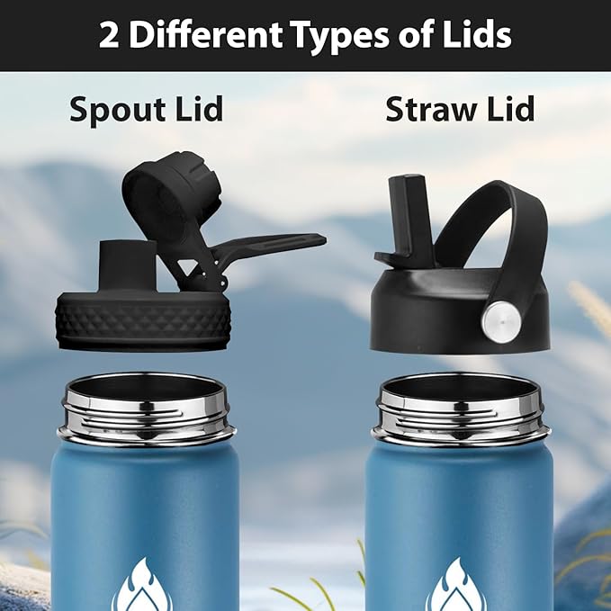 SENDESTAR Insulated Water Bottle 24 oz, Double Wall Vacuum Leak Proof Stainless Steel Sports Water Bottle—Wide Mouth with New Flex Straw Lid & Spout Lid (Deep Blue&Black)