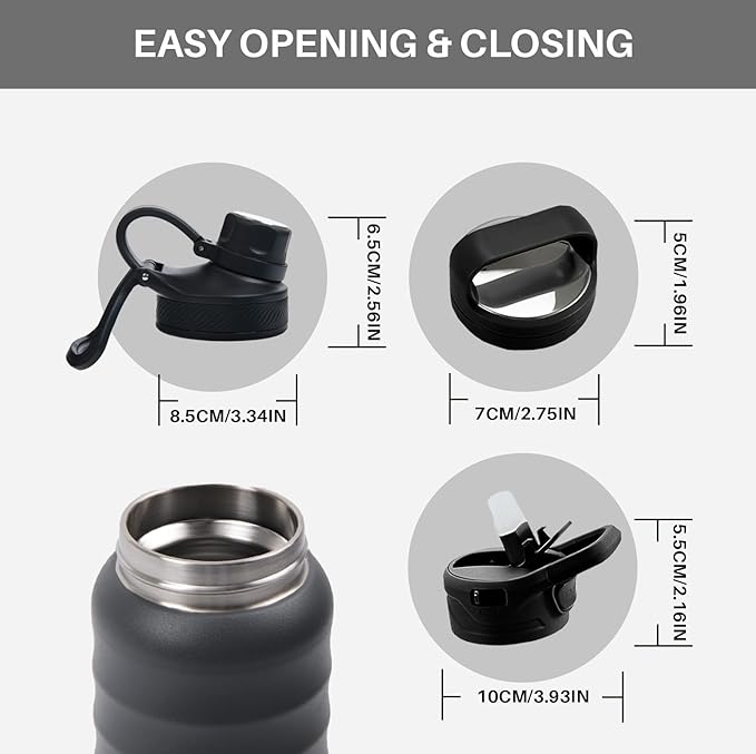 Stainless Steel Sports Water Bottle with Straw Lid Dustproof, 3 Lids, 24/32/40/64 oz BPA Free Vacumm Insulated Water bottle, Leakproof and Sweat Free, Perfect for The Go - 24 Oz Grey