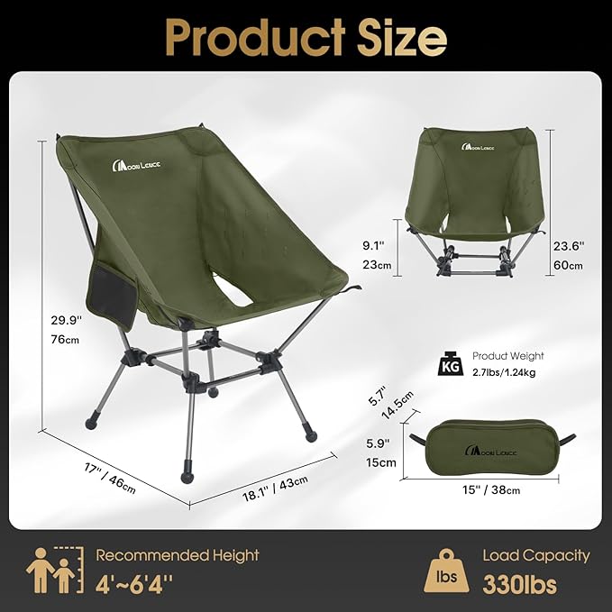 MOON LENCE Portable Camping Chair Plus, Upgraded Comfort & Size, Compact and Lightweight Still, Folding Chair for Backpacking & Hiking, 330Lbs Capacity (Green)