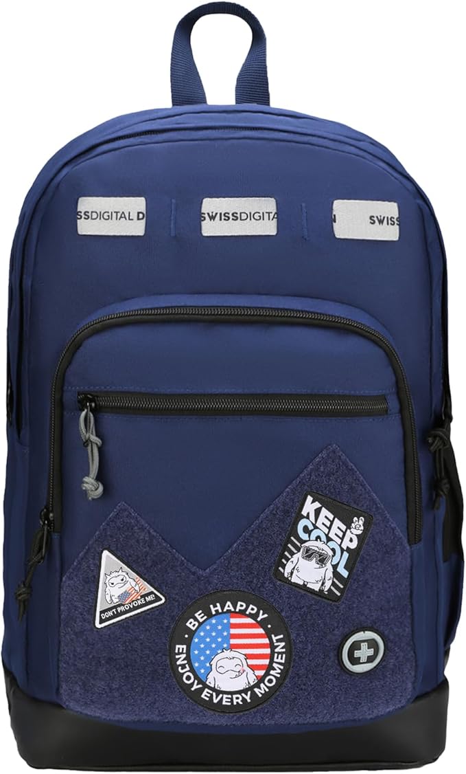 Swissdigital Design Big Student Laptop Backpack with Fun Personalized Patches For College Men & Women, Middle High School Teen Bookbag Cool Travel Daypack Blue -Includes 3 Patches | SD1718-12