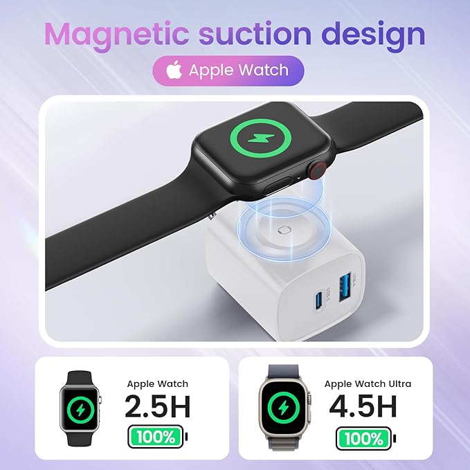 TOPADRE PD 20W USB C Charger Block for Apple Watch,3-in-1 Charging Station with Built-in Wireless Charger, Dual Ports Compatible with Apple Watch, iPhone, AirPods, White