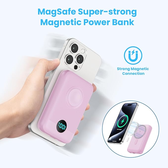 Magnetic Portable Charger 10800mAh,4-in-1 Wireless Power Bank with iWatch Charger, QC4.0+20W PD Fast Charging USB C Battery Pack with LCD Display for Magsafe,iPhone 16/15/14/13/12,Apple Watch, Pink