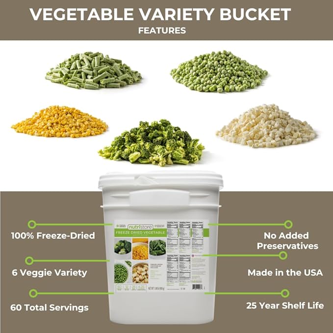 Nutristore Emergency Buckets | Premium Freeze-Dried Vegetables | 25-Year Shelf Life | Made in USA | Emergency Survival Food Supply | 60 Large Servings (Vegetable - Single Bucket)