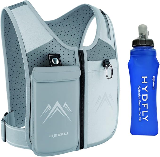 REVALI Zip Reflective Running Vests with Hydration Bottle, Adjustable Waistband & Breathable Material, Chest Pack Gear Phone Holder for Men & Women
