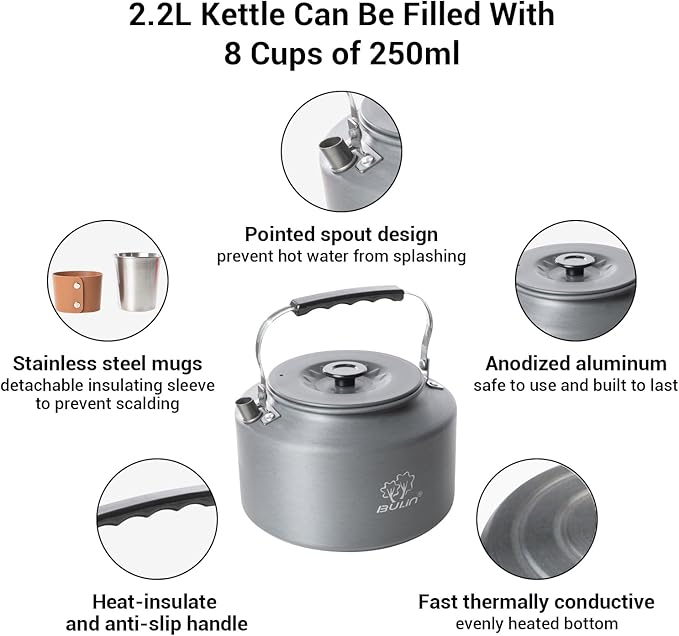 Bulin 2.2L Camping Kettle with 2&4 Stainless Steel Cups for Outdoor Camping Cookware Hiking Backpacking Kitchen Campfire and Picnic, Carrying Bag
