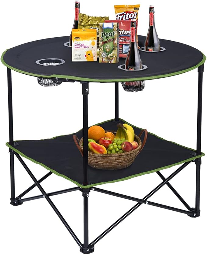 LEADALLWAY Camping Tables That Fold Up Lightweight Portable Outdoor Table with 4 Cup Holders and Carrying Bags for Outdoor Picnic,Barbecue,Travel,Fishing(Black+Army Green)