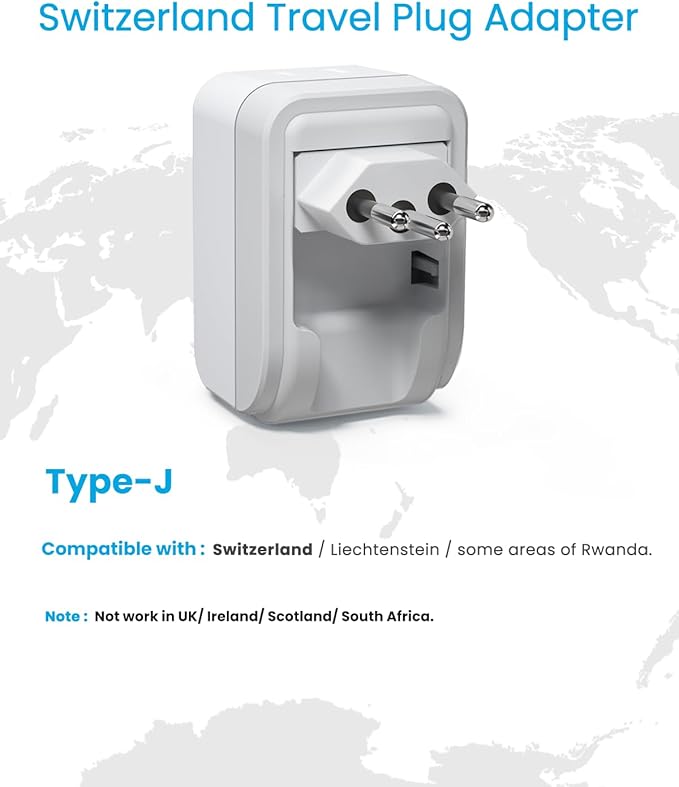 1 Pack Switzerland Travel Plug Adapter, VINTAR Foldable Type J Adapter with 2 AC Outlets，3 USB Ports(2 USB C) for US to Switzerland Rwanda Liechtenstein