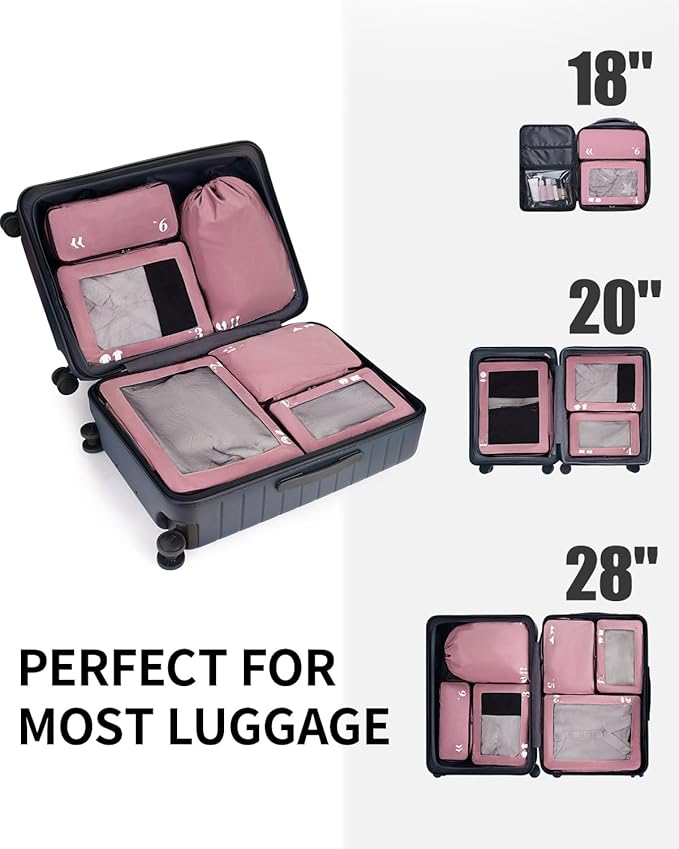 ECOHUB 7 Set Packing Cubes Tear-Resistant Luggage Packing Organizers with Number Icon for Travel Accessories Luggage Suitcase Machine Washable Packing Cubes (Pink)