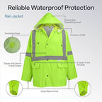 GGS Three-Piece Rain Suit - High Visibility, Waterproof Bibs and Jacket with Detachable Hood, Lightweight Rainwear for Construction, Camping, Hiking, Fishing Gear