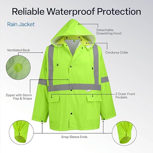 GGS Three-Piece Rain Suit - High Visibility, Waterproof Bibs and Jacket with Detachable Hood, Lightweight Rainwear for Construction, Camping, Hiking, Fishing Gear