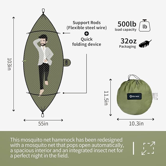 Hammock with Mosquito Net - Lightweight, Portable, 1 Person Hammock - for Camping, Hiking, Backpacking, Travel, a Festival, or The Beach