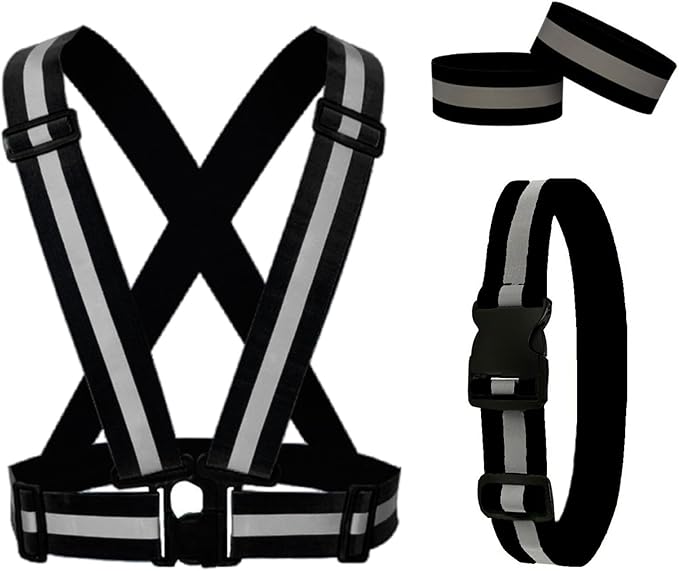 Reflective Running Gear Reflective Vest & Reflective Armband & Reflective Belt 3 Pcs Set, High Visibility Reflective Gear Night Cycling Walking Safety Vest Straps for Men Women Kids