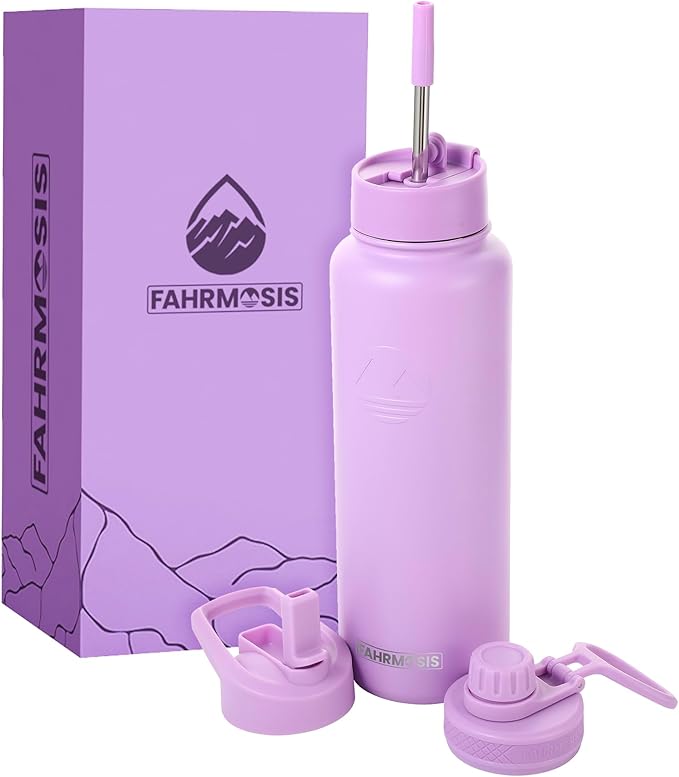 40 Oz Water Bottle with Straw Stainless Steel Sports Water Bottle with 3 Lids (Straw, Chug and Flip Lid) Insulated Leak Proof Metal Jug for Men & Women - Lavender