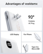 VEEKTOMX Portable Charger with Built in Cables 10000mAh, Power Bank for iPhone with Wall Plug, Travel Essential Fast Charging USB C Slim External Battery Pack for iPhone16/15/14, Samsung, iPad, etc