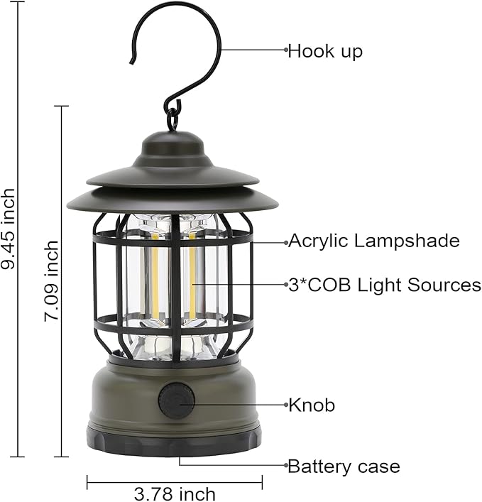 Camping Lanterns Rechargeable, Portable Electric LED Camping Lights Outdoor Hanging Tent Light Vintage Tabletop Lantern Decor Stepless Dimming Waterproof for Camping, Power Outages, Indoor (Green)