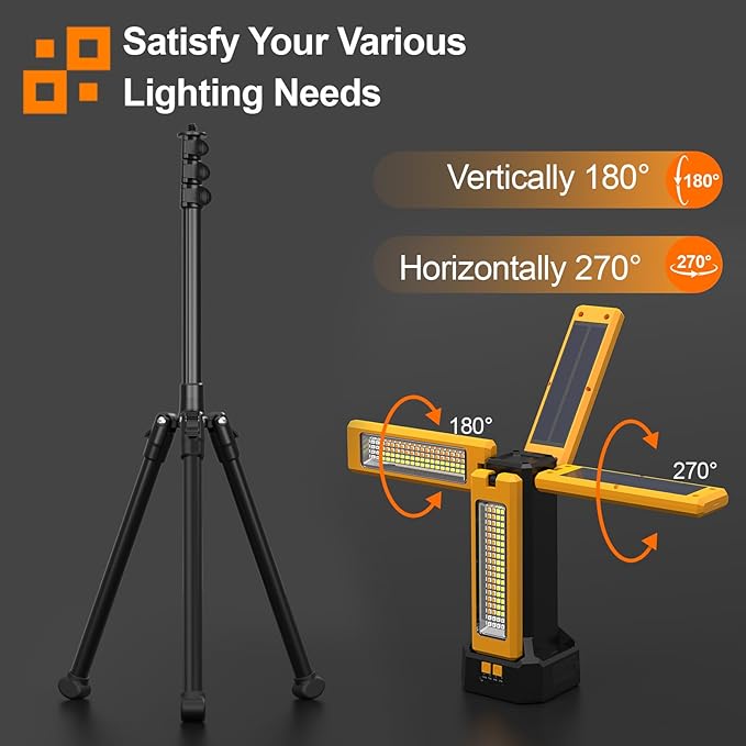13200mAh Rechargeable Solar Work Light, IPX4 Waterproof with Folding Stand Support and Portable Carrying Bag, 8000 Lumen Stepless Dimmable, 4 Lighting Modes, White/Warm/Warm White (Remote)