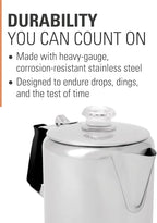 GSI Outdoors Percolator Coffee Pot I Glacier Stainless Steel with Silicone Handle for Camping, Backpacking, Travel, RV & Hunting - Stove Safe