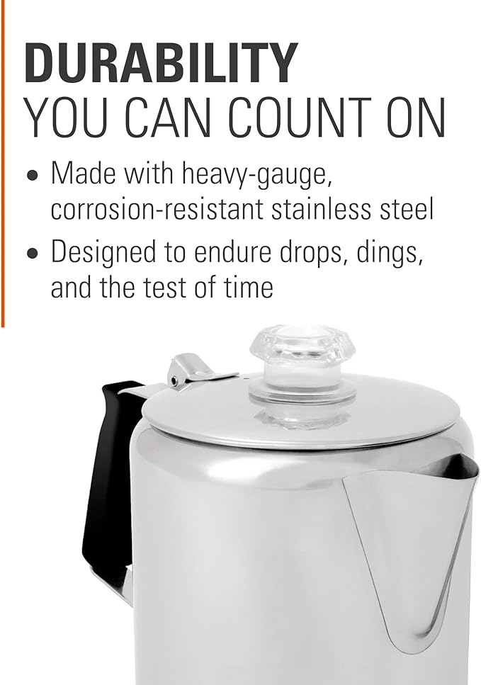 GSI Outdoors Percolator Coffee Pot I Glacier Stainless Steel with Silicone Handle for Camping, Backpacking, Travel, RV & Hunting - Stove Safe