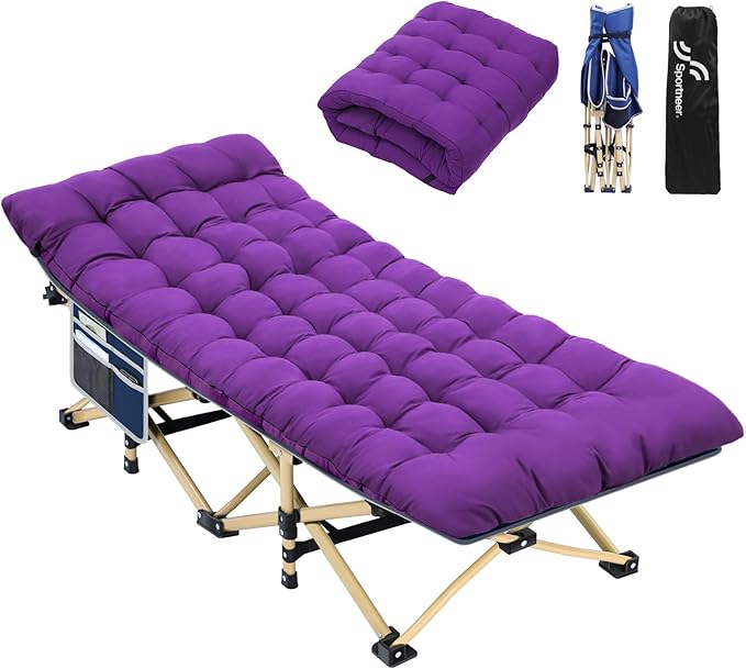 Sportneer Camping Cot, Camping Cots for Adults with Mattress Max Load 450 LBS Heavy Duty Portable Sleeping Folding Bed with Padded for Camping Tent Office Outdoor Travel Sleep Over (1, Blue+Purple)