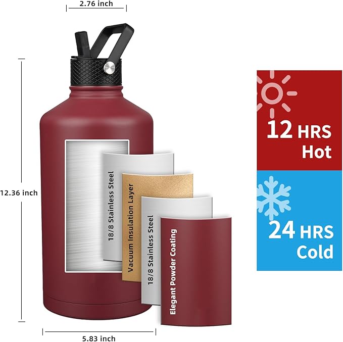 Insulated Water Bottle 128oz,Triple Wall Vacuum Stainless Steel(Dishwasher Safe),Leak Proof & Non-BPA,Flask Jug with Paracord Handle & Straw Spout Lids Sports Red