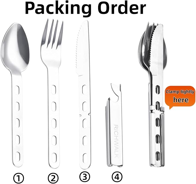 Camping cutlery set 4 pieces Eating utensils spoon fork knife kit flatware multi-tool Camping bottle can opener stainless steel