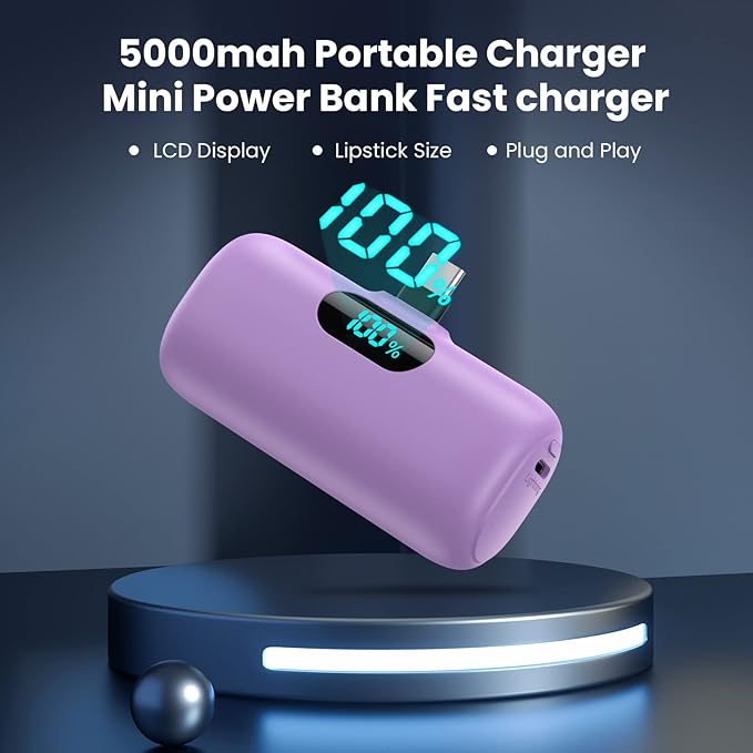 Mini Portable Charger 5000mAh Power Bank, 15w PD USB C Cell Phone Portable Power, LCD Display Battery Pack Compatible with Android Phone/Samsung Galaxy S22,S21/Note/Pixel/OnePlus 9 etc (Light Purple）