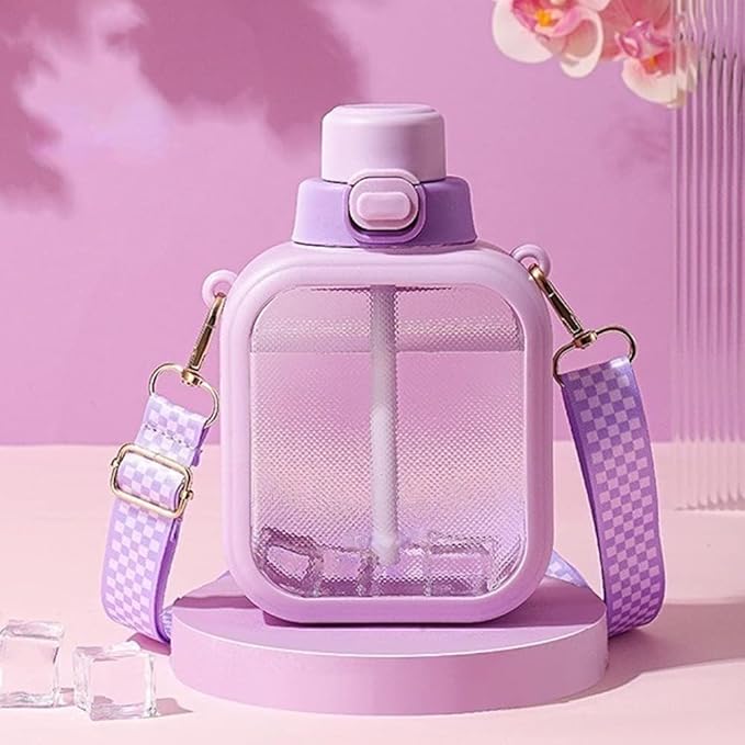 Kawaii Water Bottles with Strap and Straw 24 Oz Square Water Bottle Cute Flat Travel Canteen Leak-proof Water Bottles for Girls Sports School (Purple, L)