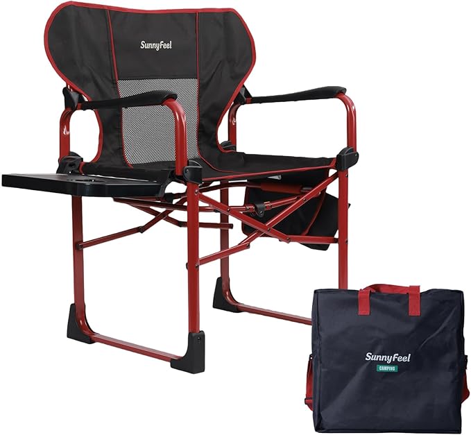 SUNNYFEEL Camping Directors Chair Aluminum Oversized Portable Folding Chair with Side Pocket and Adjustable Side Table for Beach, Fishing, Trip, Picnic, Lawn, Concert Outdoor Foldable Camp Chairs