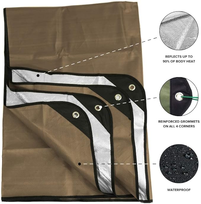 Arcturus Insulated Tarp, Reusable Heavy Duty Thermal Survival Blanket – 60x82in, Reflects 90% Body Heat, Waterproof, Windproof, 3-Layer Design, Reinforced Grommets, Coyote Brown