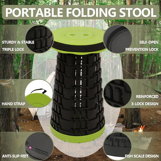 2025 Collapsible Stool Chair, Upgraded Folding Stool for Adults Lightweight, Sturdy, Adjustable, Portable, Foldable Seat Sturdy Stools for Outdoor Camping Fishing Hiking Gardening BBQ