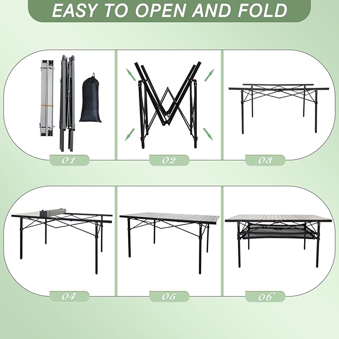 Large Folding Camping Table Aluminum with Storage for 4-6 People 55"X27.5" Roll Up Tall Outdoor Portable Table Lightweight with Carry Bag for Picnic BBQ Backyard Beach
