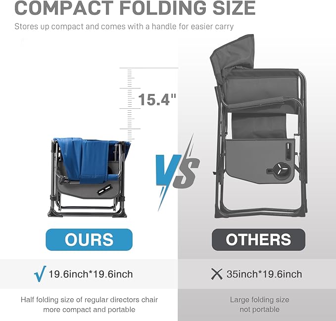 EVER ADVANCED Camping Directors' Chair with Side Table, Portable Folding Chair with Compact Size, Heavy Duty Lawn Chair with Pocket for Camping, Lawn, Sports and Fishing, 400lbs, Blue 2 Pack