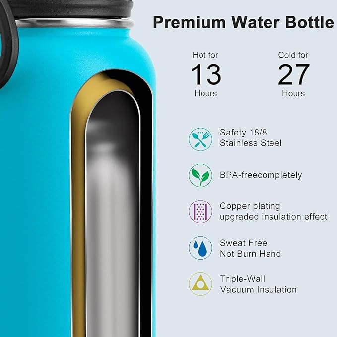 koodee Insulated Water Bottle, 32 oz Stainless Steel Double Wall Vacuum Wide Mouth Sport Bottle with Leakproof Spout Lid (Sky Blue)