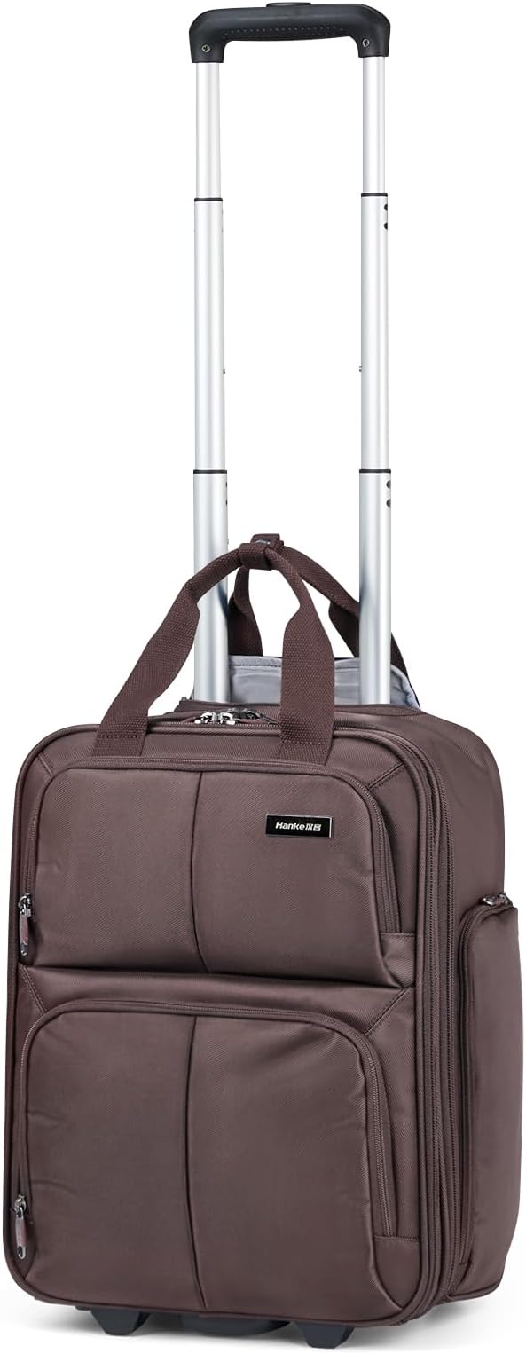 Hanke Softside Underseat Carry On Luggage with Wheels,Travel Luggage Rolling Bag Small Suitcase，Coffee, Underseater 16-Inch