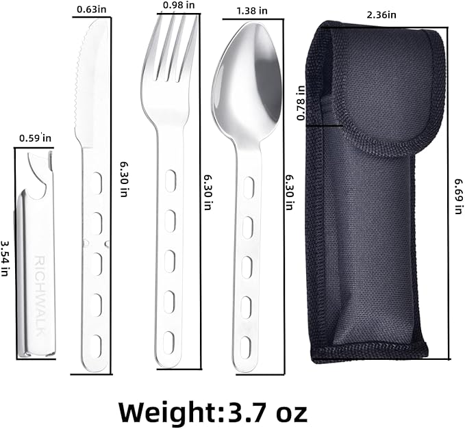 Camping cutlery set 4 pieces Eating utensils spoon fork knife kit flatware multi-tool Camping bottle can opener stainless steel