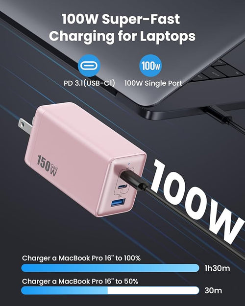 150W USB C Charger Block,GaN III Compact Foldable Wall Charger 3 Port Fast Charging Station,PD QC PPS Portable USB C Hub 100W Laptop Adapter for MacBook Pro/Air,iPad,iPhone 17/Pro,Galaxy S24,Dell etc