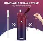 32oz Water Bottle with Removable Straw and Spout Lid Two Ways to Drink, 18/10 Stainless Steel Insulated Water Bottle, BPA-Free, Leak Proof, Double wall, for Sports, Gym