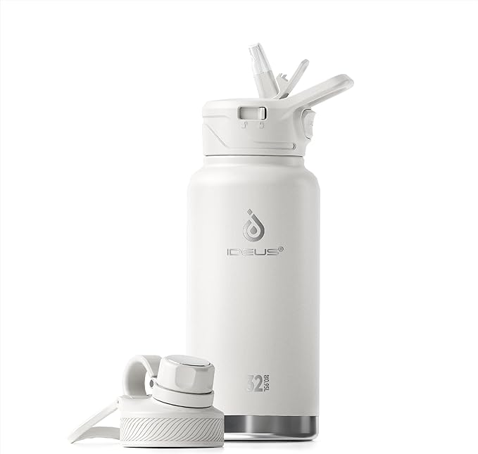 IDEUS Insulated Stainless Steel Water Bottle with 2 Leak-Proof Lids, Thermal Water Flask for Hiking Biking, 32oz, White