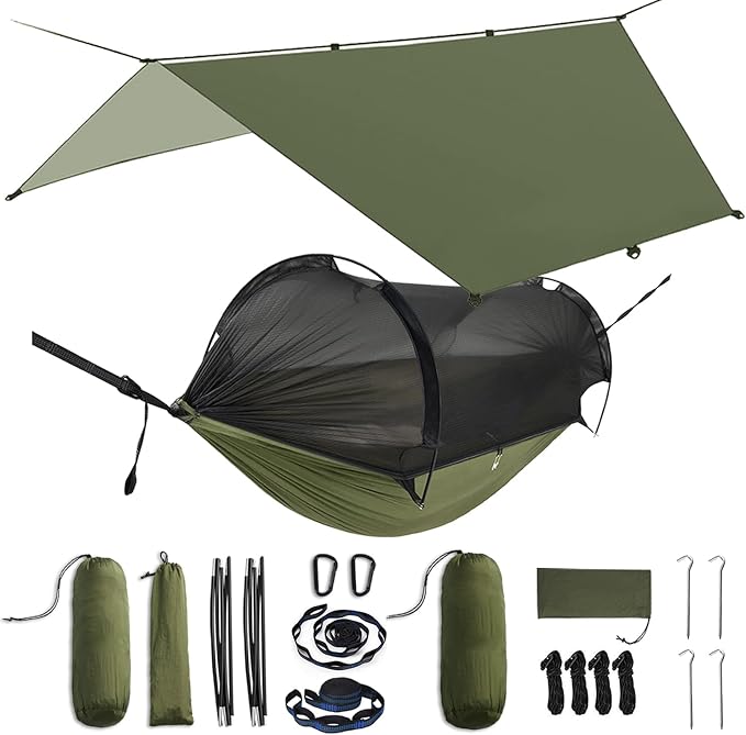 ADVOKAIR Camping Hammock with Mosquito Net and Rain Fly, Up to 500lbs, Ultralight and Portable Nylon Travel Hanging Hammock with Tree Straps, Perfect for Outside, Backpacking, Hiking and Backyard